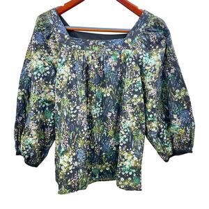 Womens Top Sz L %100 Cotton Cottage Ballon Sleve Fairy Floral Peasant Boho Poet